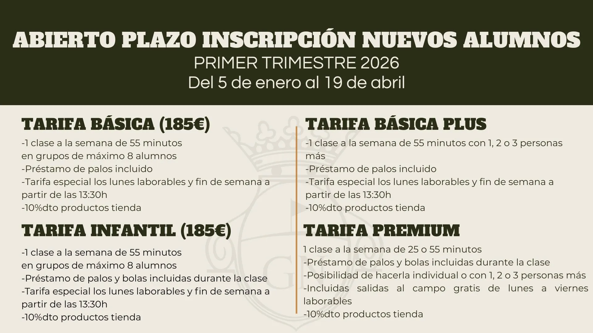¡ABIERTO PLAZO renovacion PARA 2º TRIMESTRE CURSOS DE GOLF NEGRALEJO 2026!
